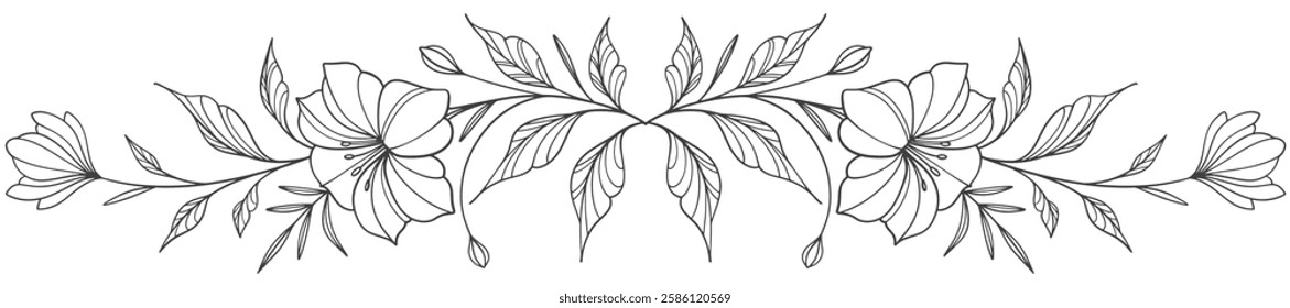 Line art floral botanical on transparent background vector. floral, flowers, leaves, foliage, branches in hand drawn. Floral element design
