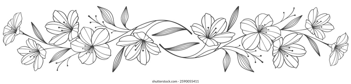 Line art floral botanical on transparent background vector. floral, flowers, leaves, foliage, branches in hand drawn. Floral element design