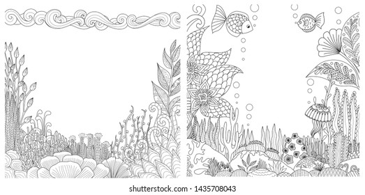 Line art of floral coral reefs,rocks and fish collection with copy space for design element. Vector illustration