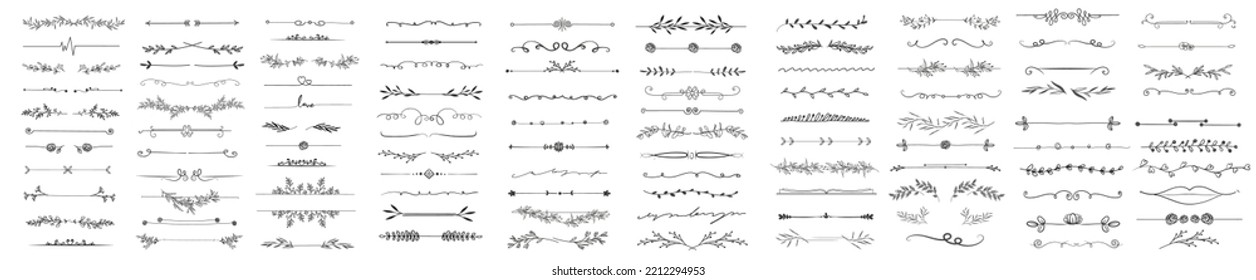 Line art floral dividers. Dividers with Branches, Plants and Flowers vector illustration.