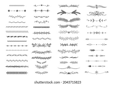 Diferentes florales de arte de línea, bordes de línea de planta, flechas de boho, elementos florecientes. Esbozo de hoja natural de follaje hierbas página divisor ilustración vector.