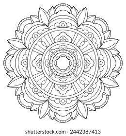 Line art of floral geometric shapes in the form of a mandala for anti-stress coloring for adults or children. Decorative design of albums or creative texture