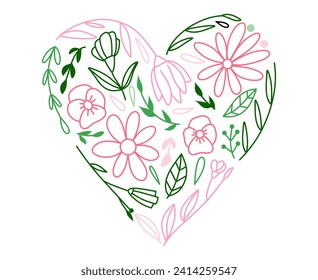 Line art floral heart for greeting or love cards, vector illustration for Valentine's Day and Mother's Day