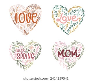 Line art floral hearts for greeting or love cards, vector illustration for Valentine's Day and Mother's Day