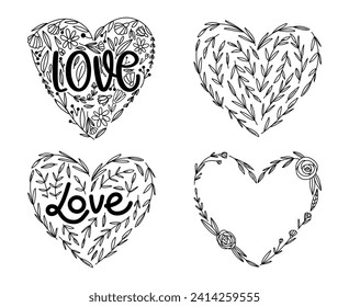 Line art floral hearts for greeting or love cards, flower heart frame border, vector illustration for Valentine's Day and wedding