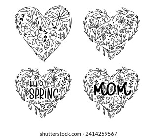 Line art floral hearts for greeting or love cards, vector illustration for Valentine's Day and Mother's Day