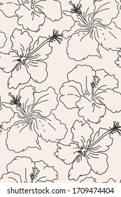 Line art floral hibiscus pattern, seamless fabric decoration.  Outlline exotic flowers distinct drawings vector. Pastel graphics, delicate botanical art. svg