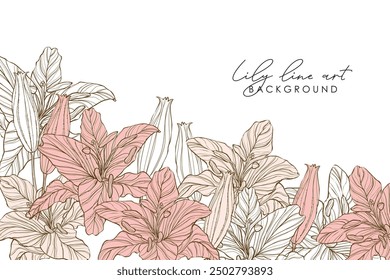 Fondo floral del lirio del arte de la línea. Hermoso fondo con elegantes flores de lirio. Diseño del Vector para la tarjeta de boda, decoración casera, impresión, cubierta, Anuncio, anuncio, invitación