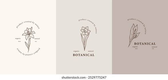 Logotipos florais de arte em linha. Ilustração de lírio, narciso, espatifilo