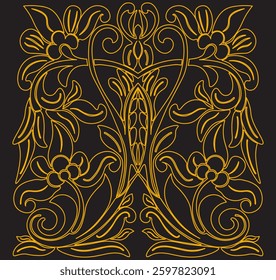 Line art of floral pattern. golden line art. dark background