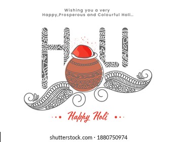 Line Art Floral Pattern Holi Text With Color Powder In Mud Pot Illustration On White Background.