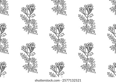 Line art floral pattern seamless abstract background. Black and white outline repeating botanical wildflowers vector illustration. Graphic design for Print Wallpaper Cover Fabric Wrapping Wedding Card
