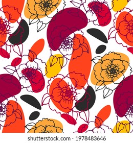 Line art floral pattern. Trendy texture for any purposes. Bright and colorful spring or summer print.	