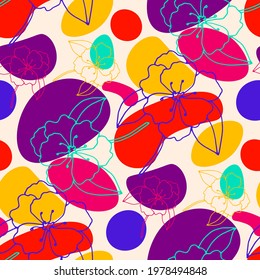 Line art floral pattern. Trendy texture for any purposes. Bright and colorful spring or summer print.	