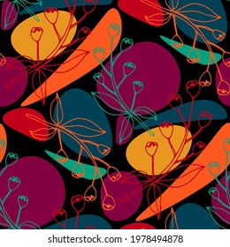 Line art floral pattern. Trendy texture for any purposes. Bright and colorful spring or summer print.	