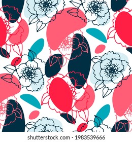 Line art floral pattern. Trendy texture for any purposes. Bright and colorful spring or summer print.	