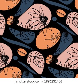 Line art floral pattern. Trendy texture for any purposes. Bright and colorful spring or summer print.	
