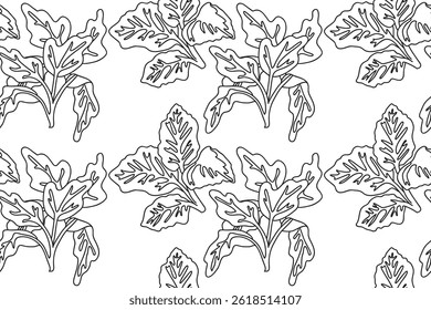 Line art floral seamless pattern with leaves vector illustration. Hand drawn outline repeating foliage in white background. Graphic design for Cover Coloring Book Textile Fashion Print Birthday Card
