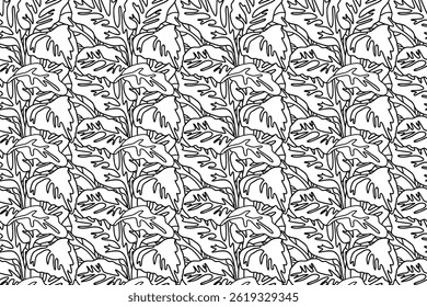 Line art floral seamless pattern with tropical leaves vector illustration. Hand drawn outline repeating foliage in white background. Graphic design for Cover Textile Fashion Birthday Wedding Greeting 