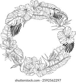 A Line art floral vector illustration featuring a circular wreath composed of hibiscus flowers, bird of paradise flowers with lush Monster and bananas leaves on white background