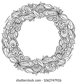 Line art floral wreath. Hand drawn vector graphics illustration. 
Fully editable vector shapes.