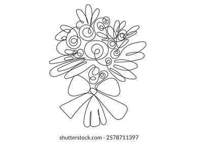 Line Art Flower Bouquet Sketch. Doodle Outline Floral Blossom Plant Illustration. Curve Editable Thin Strike Decoration. Wedding Decor Natural Symbol. Card or Invitation Element Border Design.