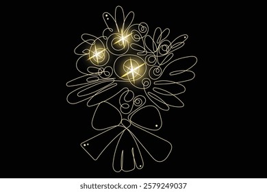 Line Art Flower Bouquet Sketch. Doodle Outline Floral Blossom Plant Illustration. Curve Editable Thin Strike Decoration. Wedding Decor Luxury Rich Glamour Invitation Card. line Art Isolated on Black. 