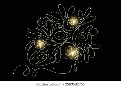 Line Art Flower Bouquet Sketch. Doodle Outline Floral Blossom Plant Illustration. Curve Editable Thin Strike Decoration. Wedding Decor Luxury Rich Glamour Invitation Card. line Art Isolated on Black. 