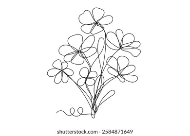 Line Art Flower Bouquet Sketch. Doodle Outline Floral Blossom Plant Illustration. Curve Editable Thin Strike Decoration. Wedding Decor Natural Symbol. Card or Invitation Element Border Design.