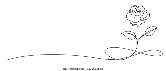 Line Art Flower Doodle Curved Symbol. Graphic Continuous Line Floral card Decoration. Abstract Wavy Romantic Flower Plant Blossom Petal. Greeting Wedding Card Element. One Continuous Sketch Outline 