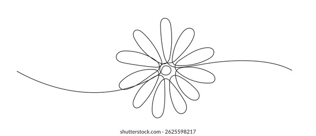 Line Art Flower Doodle Curved Symbol. Graphic Continuous Line Floral card Decoration. Abstract Wavy Romantic Flower Plant Blossom Petal. Greeting Wedding Card Element. One Continuous Sketch Outline
