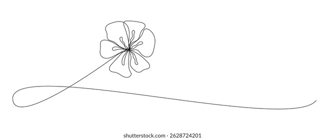 Line Art Flower Doodle Curved Symbol. Graphic Continuous Line Floral card Decoration. Abstract Wavy Romantic Flower Plant Blossom Petal. Greeting Wedding Card Element. One Continuous Sketch Outline