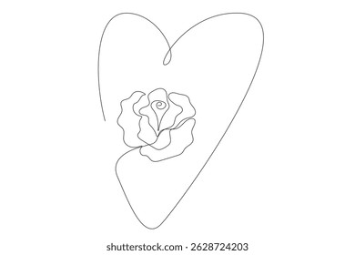 Line Art Flower Doodle Curved Symbol. Graphic Continuous Line Floral card Decoration. Abstract Wavy Romantic Flower Plant Blossom Petal. Greeting Wedding Card Element. One Continuous Sketch Outline
