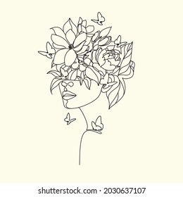 Line art Flower Head. Plant head Woman Face line drawing. Abstract minimal elegant woman portrait. Beauty salon logo. Nature cosmetics symbol