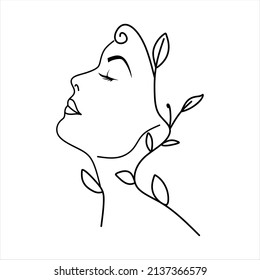 Line art Flower Head. Plant head Woman Face line drawing. Abstract minimal elegant woman portrait. Beauty salon logo. Nature cosmetics symbol