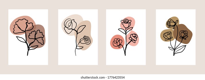 Line art flower set. One line drawing. Fancy line art. Trendy concept for the logo, card, banner, poster flyer,  vector illustration.