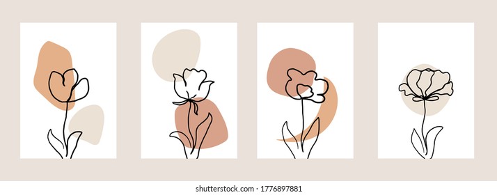 Line art flower set. One line drawing. Fancy line art. Trendy concept for the logo, card, banner, poster flyer,  vector illustration.