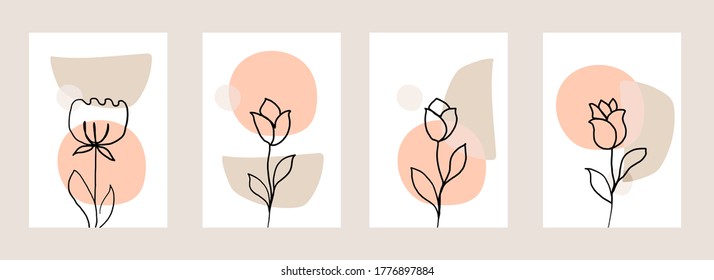 Line art flower set. One line drawing. Fancy line art. Trendy concept for the logo, card, banner, poster flyer,  vector illustration.