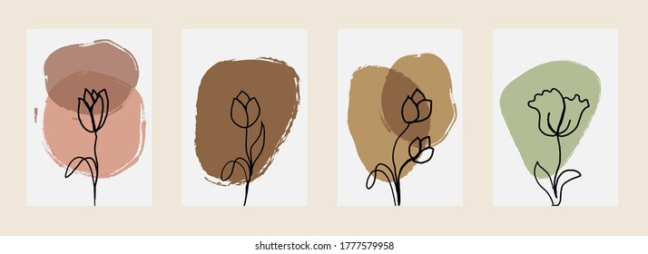 Line art flower set. One line drawing. Fancy line art. Trendy concept for the logo, card, banner, poster flyer,  vector illustration.