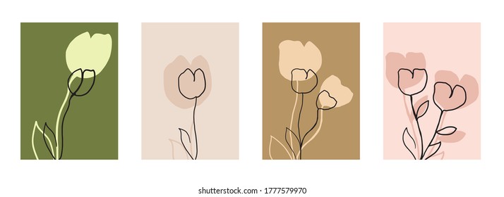 Line art flower set. One line drawing. Fancy line art. Trendy concept for the logo, card, banner, poster flyer,  vector illustration.