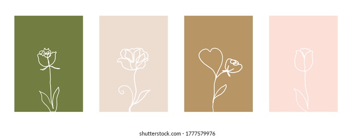 Line art flower set. One line drawing. Fancy line art. Trendy concept for the logo, card, banner, poster flyer,  vector illustration.