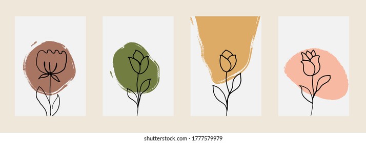 Line art flower set. One line drawing. Fancy line art. Trendy concept for the logo, card, banner, poster flyer,  vector illustration.
