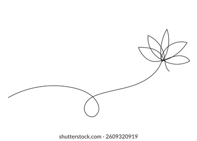 Line Art  Flower Sign. Abstract Outline Lotus Silhouette. Cozy Yoga Studio Interior Decoration. One Continuous Line Modern Doodle Drawn. Editable Thin Stroke Vector Symbol. Blossom Floral Card Design.