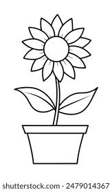 Line Art of a Flower Tub with a Sunflower on White Background