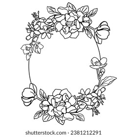 Line art flowers collection, Floral and circle line art frame, Black linear set of flower, Hand painted bunch of flowers, Spring floral wreath isolated on white background.