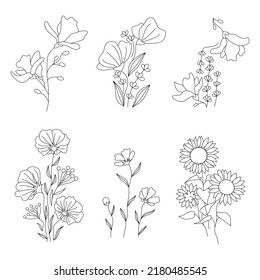 Line art flowers design set. Floral motifs for tattoo print wall art cover. Magnolia, chrysanthemum, lavender, poppy, shirley, sunflower, helianthus blossom bud branch leaves. Vector illustration