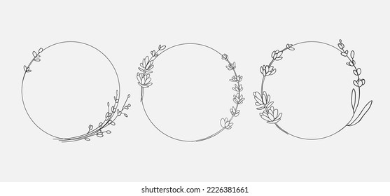 Line art Flowers Frame on white background. Lavender wreath outline. Wedding Circle border vector