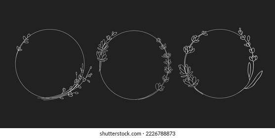 Line art Flowers Frame on black background. Lavender wreath outline. Wedding Circle border vector