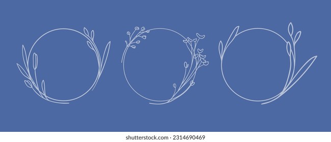 Line art Flowers Frame on blue background. Wreath outline. Wedding circle border vector illustration