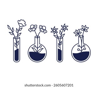 Line Art Flowers in Glass Test Tubes and Flasks Vector Design